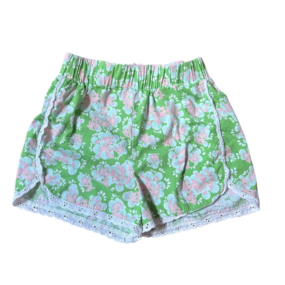 Serendipity Floral Shorts Kids Green Pink Eyelet Lace Boho SIZE L(7-8)